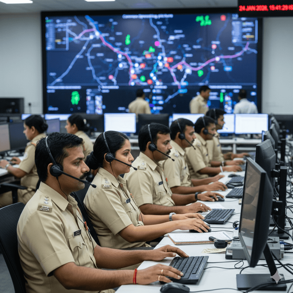 An image of operators inside an Indian police control room