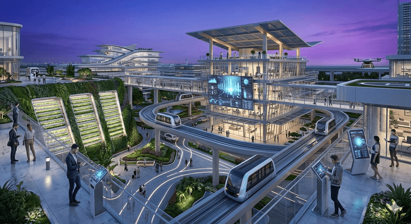 Modern urban landscape featuring automated transit pods and smart glass buildings in a tech-integrated Gurugram township.