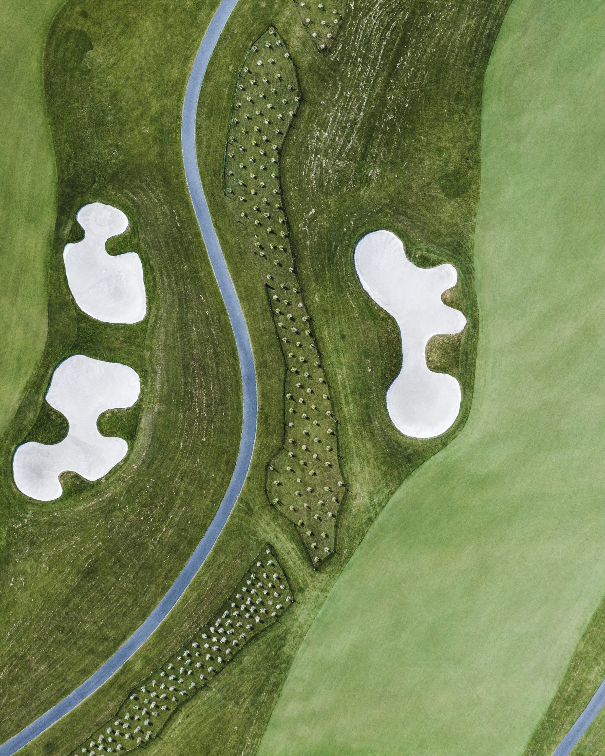 Aerial view of a golf course with curved bunkers and a winding path
