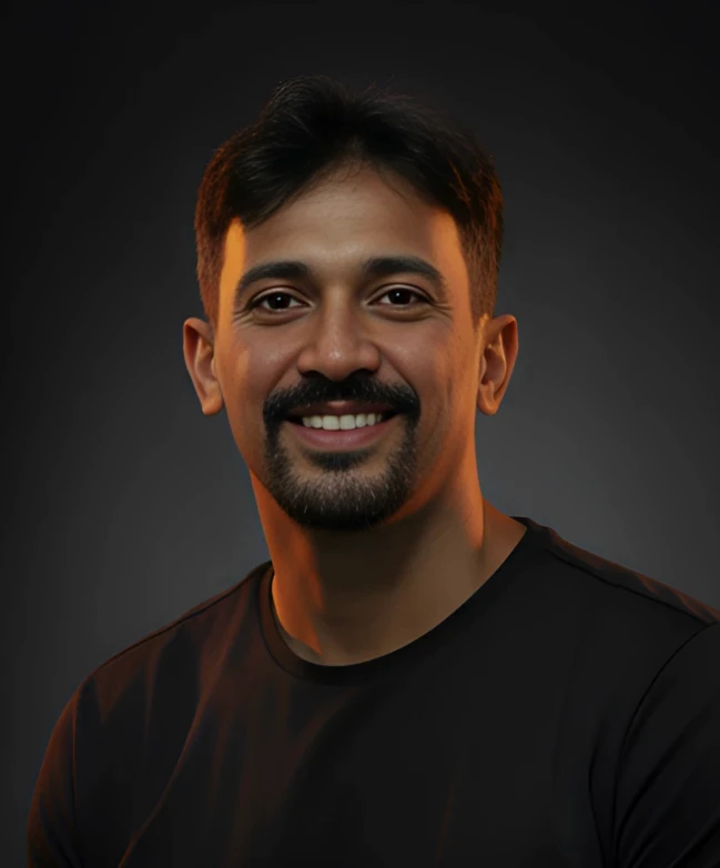 Portrait of a man with short dark hair and a trimmed beard, dressed in a dark shirt, on a simple background.