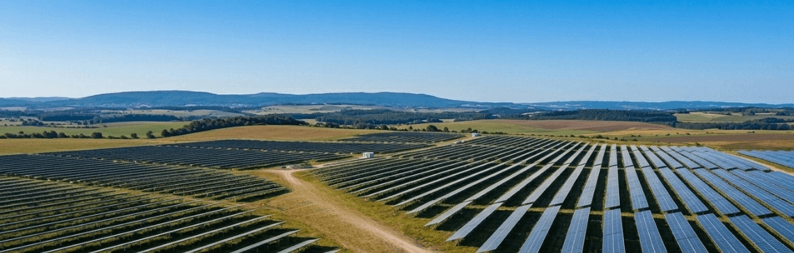 Extensive solar panel field in foreground, modern city skyline at sunset.