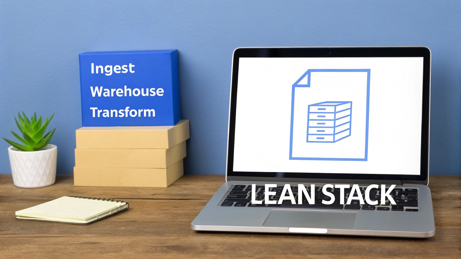 A modern data stack workspace with a laptop displaying 'LEAN STACK' and an icon, next to boxes labeled 'Ingest Warehouse Transform'.