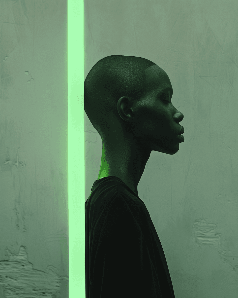 A profile silhouette of a person with a dark shirt, illuminated by a vertical green light against a textured background.