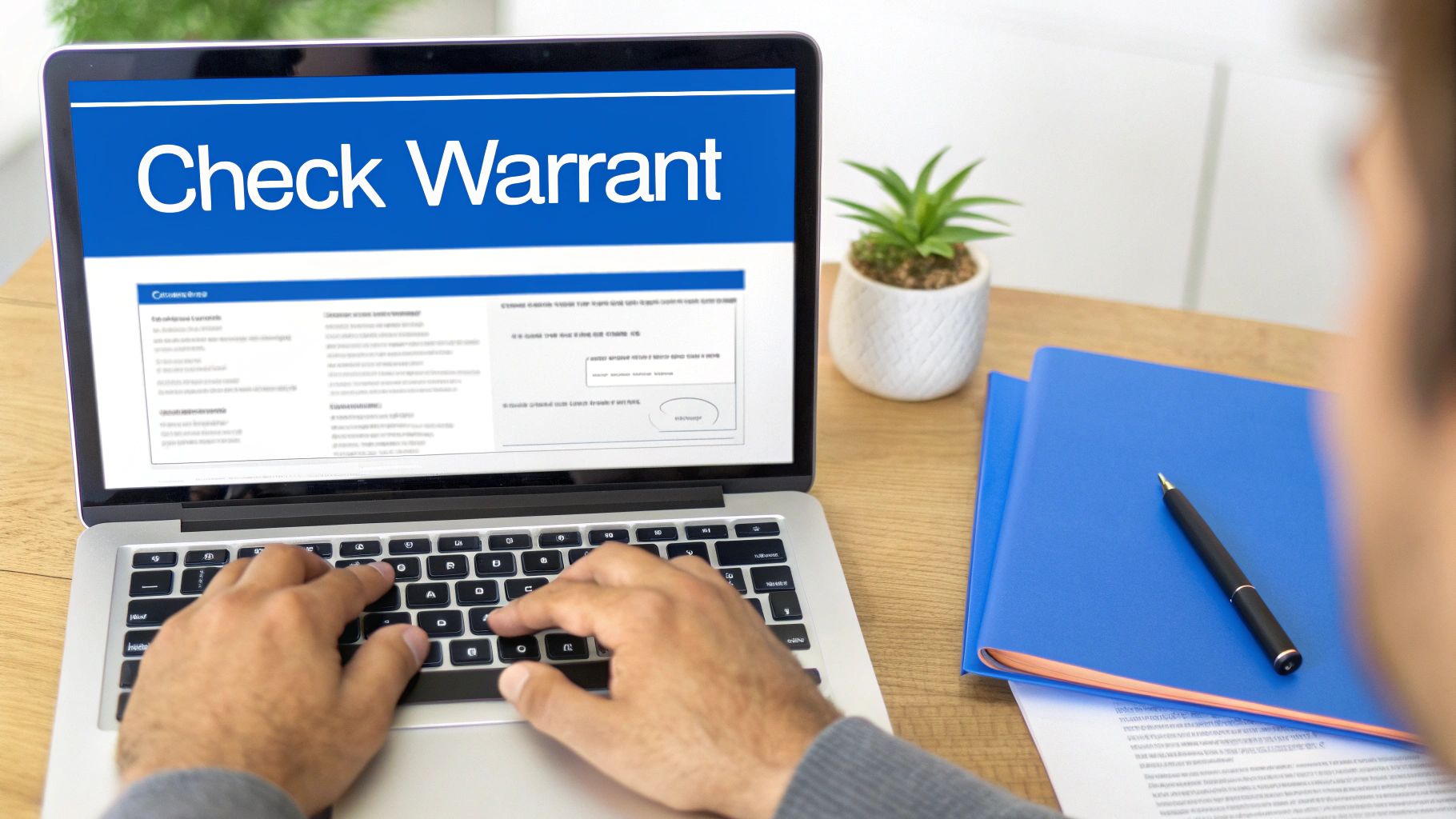A person works on a laptop showing 'Check Warrant' on the screen, with a plant and folders.