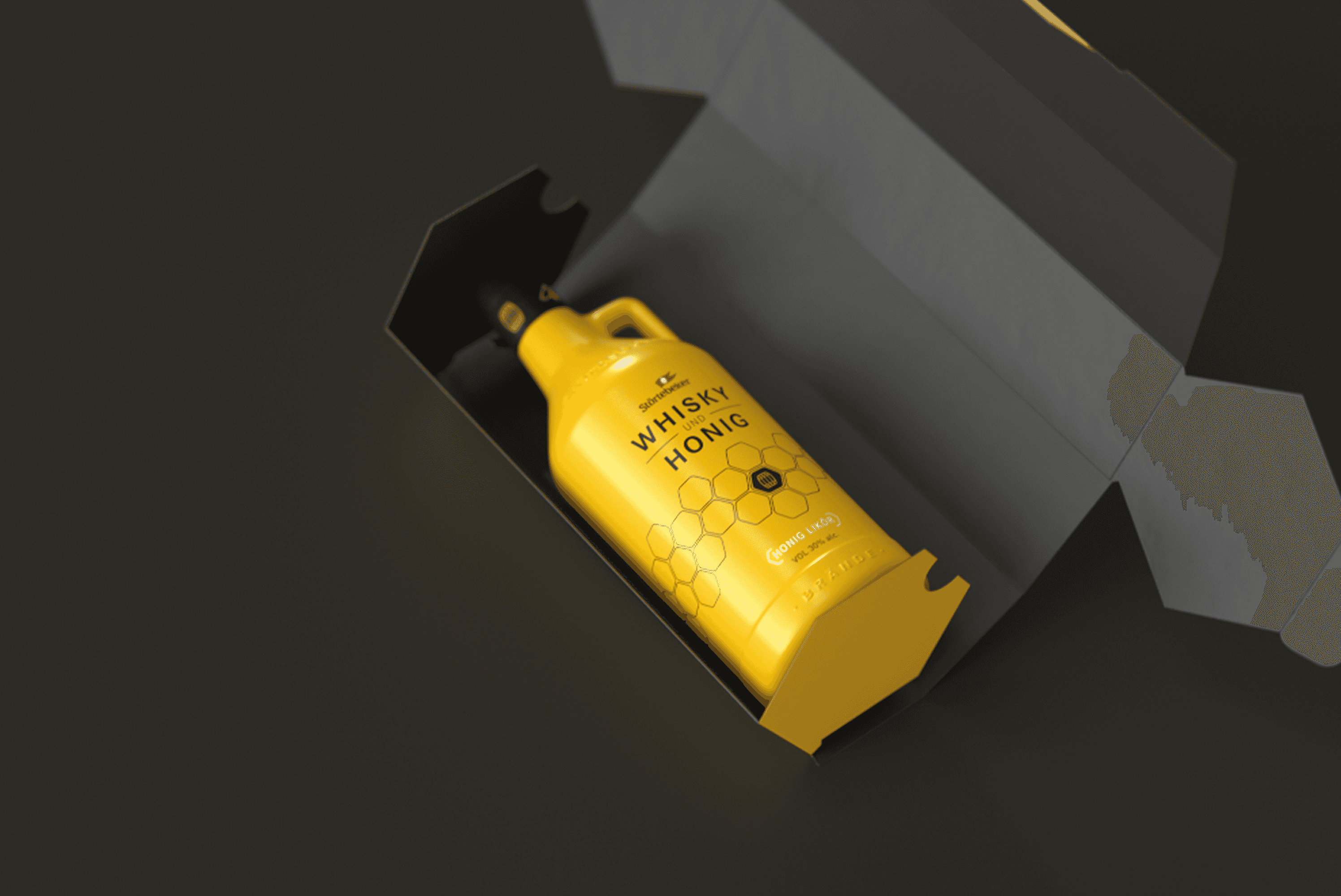 Yellow bottle "Whisky und Honig" in black box