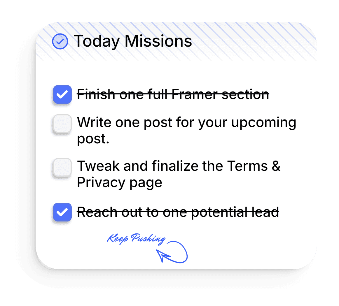 A checklist titled "Today's Missions" with three tasks to complete, each with a checkbox next to it.