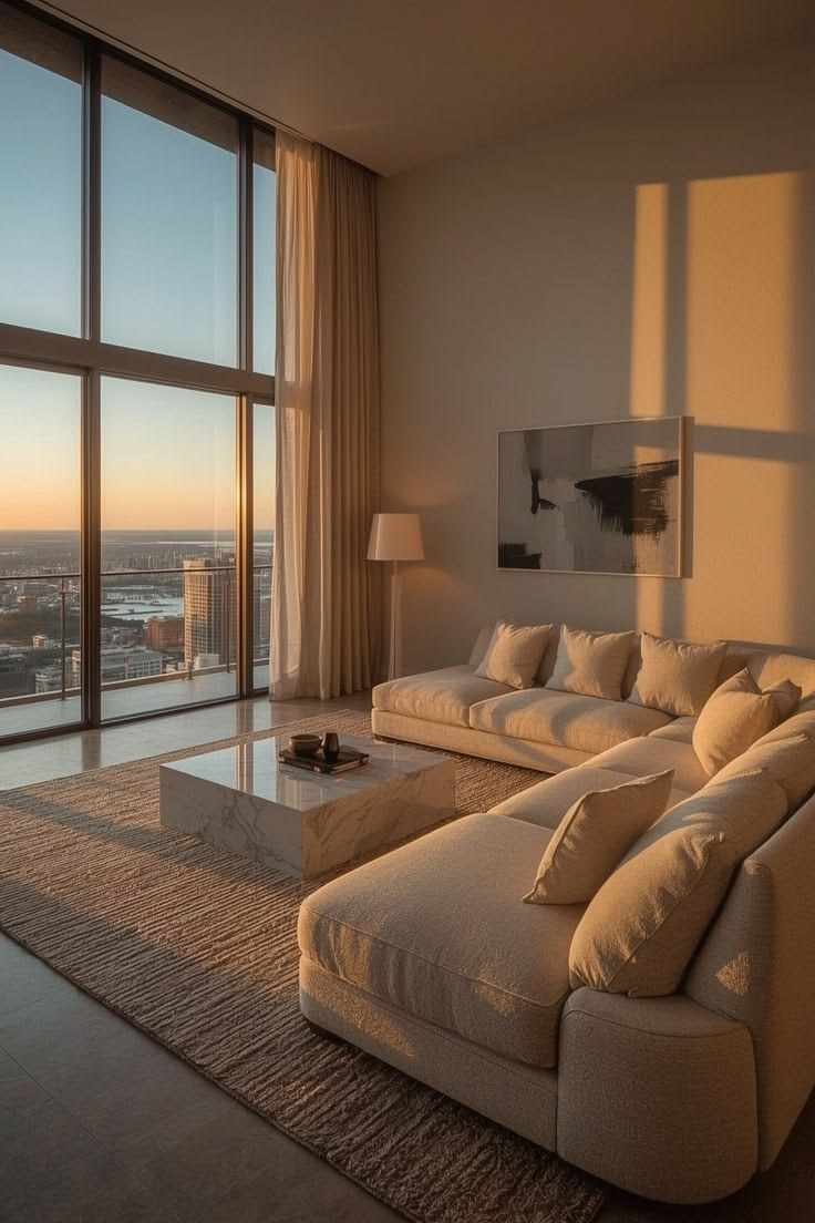 Modern glass house perched on a cliff edge, illuminated warmly against a serene, blue dusk backdrop. Overlooks a calm ocean, conveying tranquility.