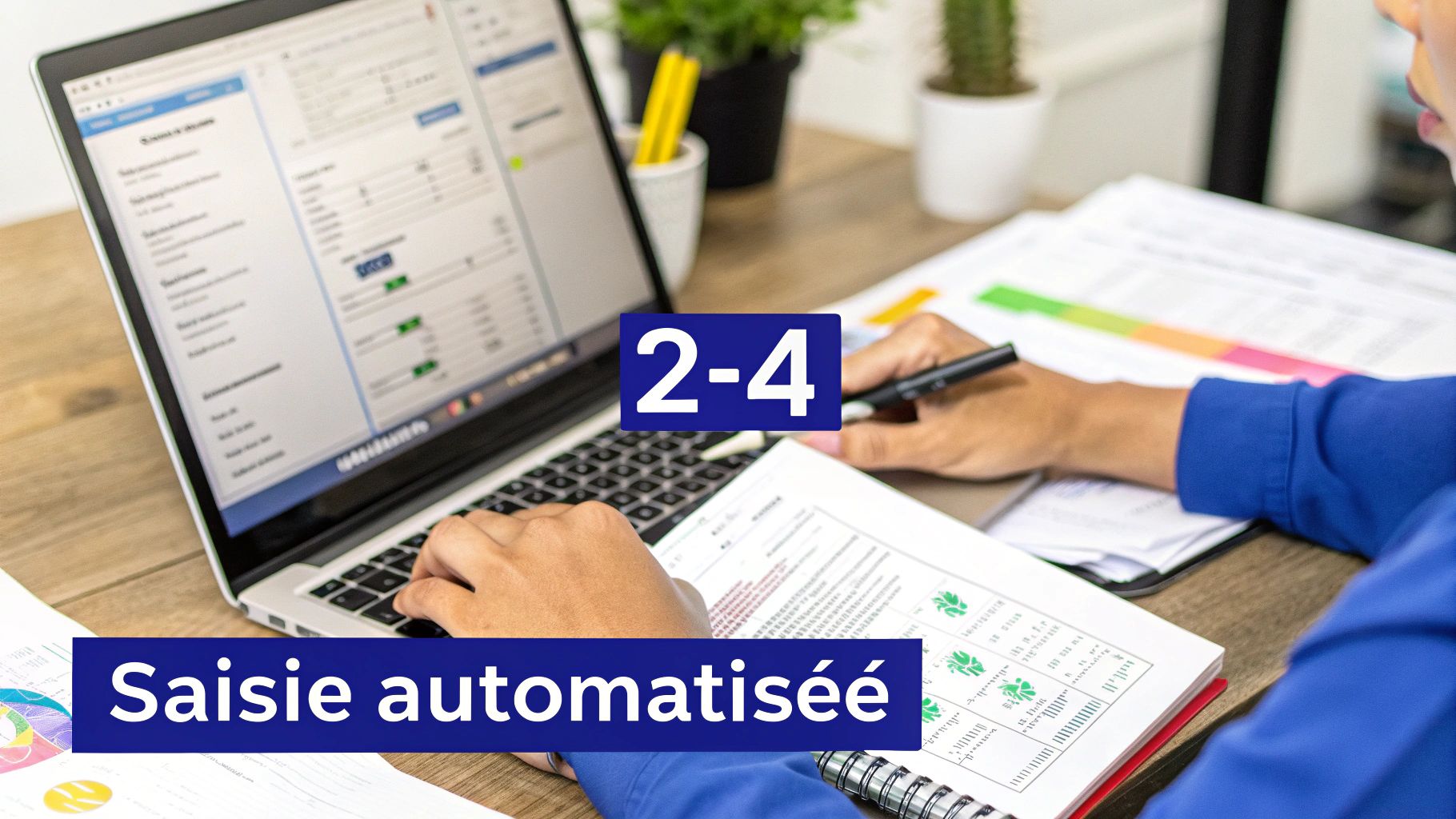 Personne travaillant sur un ordinateur portable et des documents, illustrant la saisie automatisée en comptabilité.