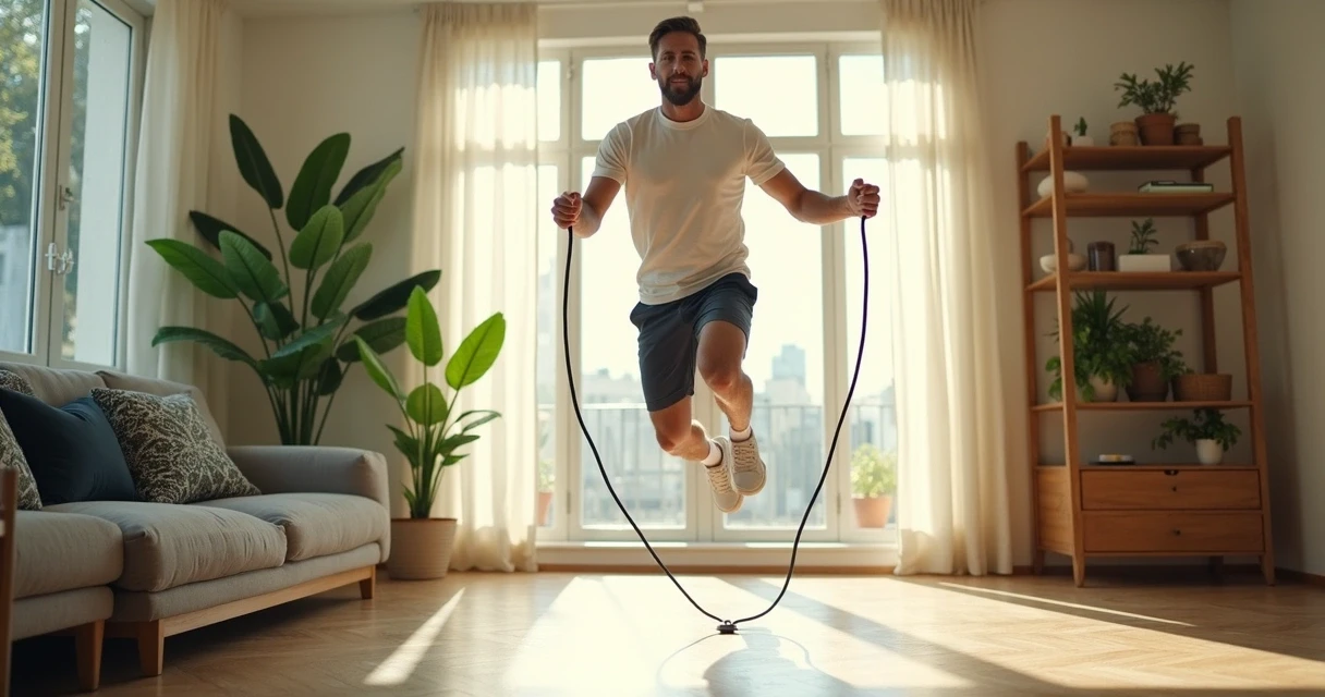 Homem fazendo exercícios físicos em casa, usando uma corda de pular 