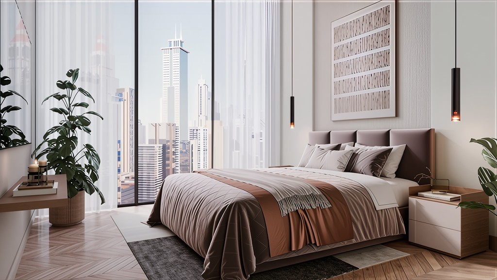 A cozy bedroom featuring a large window with a stunning view of the Elmora city skyline.