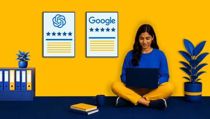 Woman writing blog to rank on Google and AI search with ChatGPT logo and 5-star ratings