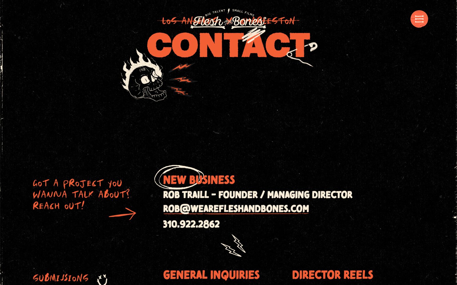 Skull with flames, bold "CONTACT" text, red accents, handwritten notes, email and phone for Rob Trail, menu icons. Vintage vibe.