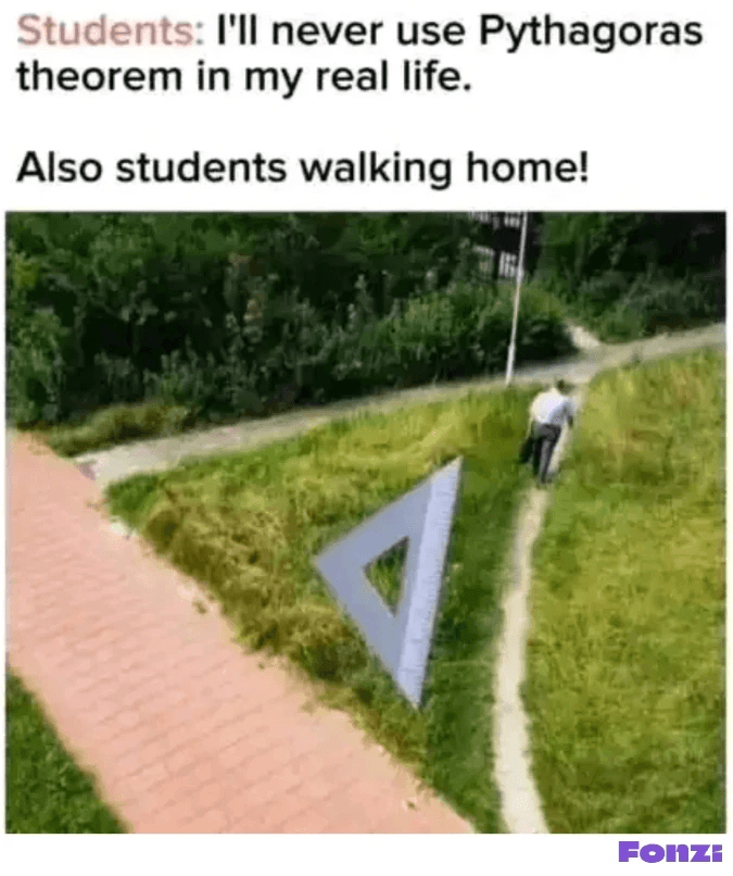 Funny meme showing a student walking diagonally across a grassy triangle.