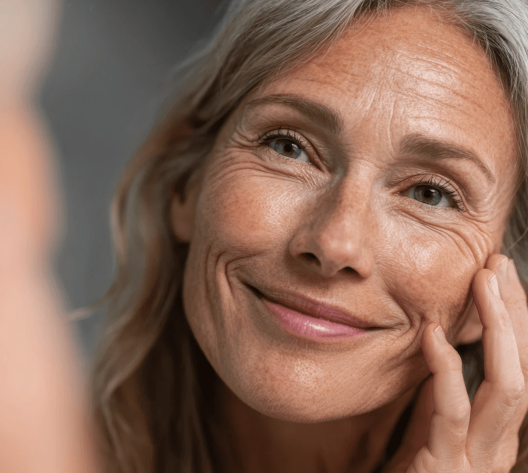intrinsic aging woman smiling with signs of aging