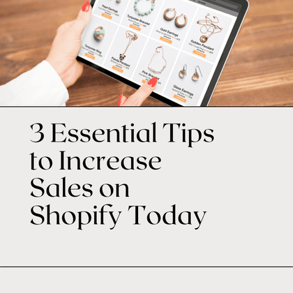 Person browsing jewelry products on a tablet with the text overlay: '3 Essential Tips to Increase Sales on Shopify Today.'