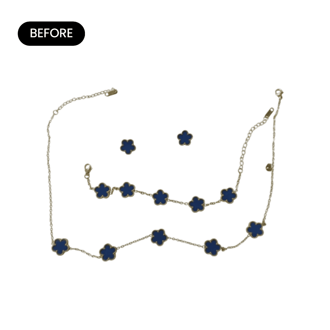 Earrings, necklace and bracelet set on a white background, original upload