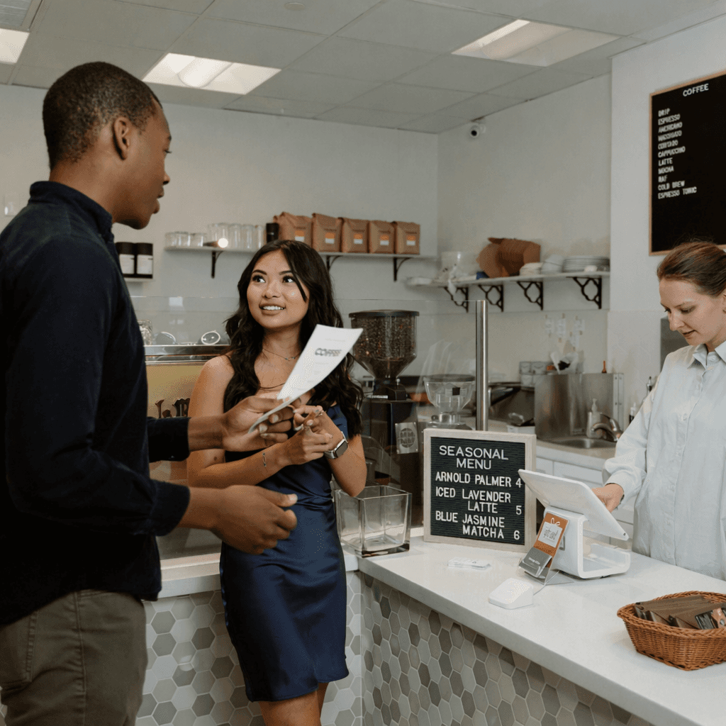 Small business team at a café counter discussing customer engagement. Affordable business phone system for calling, texting, voicemail, AI, and more.