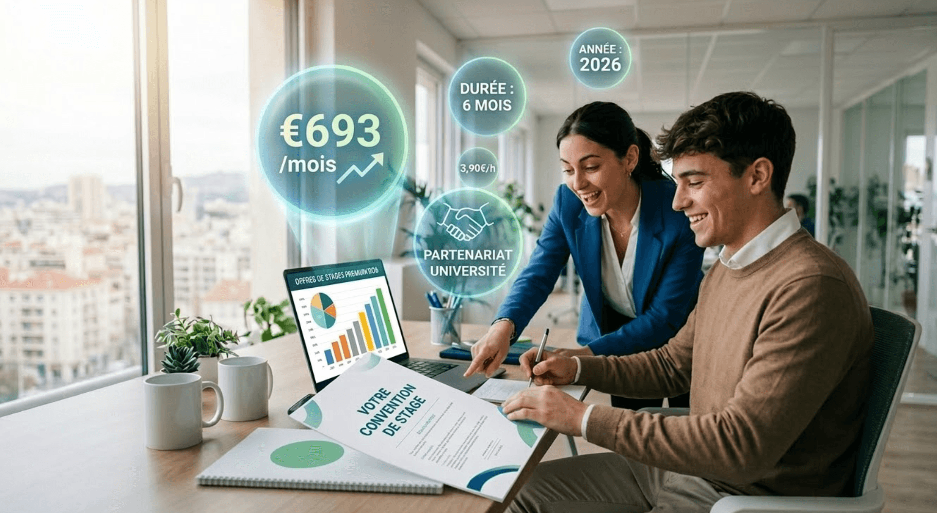 Une stagiaire signe une convention de stage avec sa tutrice dans un bureau moderne, avec des éléments visuels évoquant la rémunération de stage en 2026, dont un montant de 693 euros par mois, la durée du stage et un graphique d’évolution.