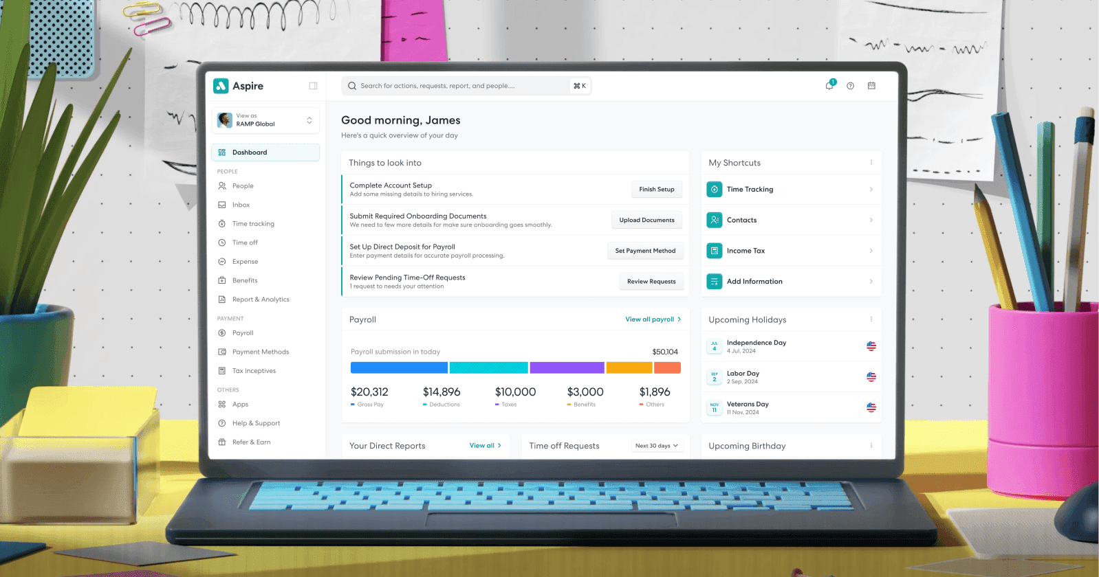 A bright and modern 3D render of an HR SaaS dashboard displayed on a laptop screen. The dashboard features essential information such as payroll data, upcoming holidays, time-off requests, and direct reports, with interactive elements highlighted in a clean, organized layout. The background includes office supplies, such as plants and stationery, emphasizing a professional yet creative workspace environment.