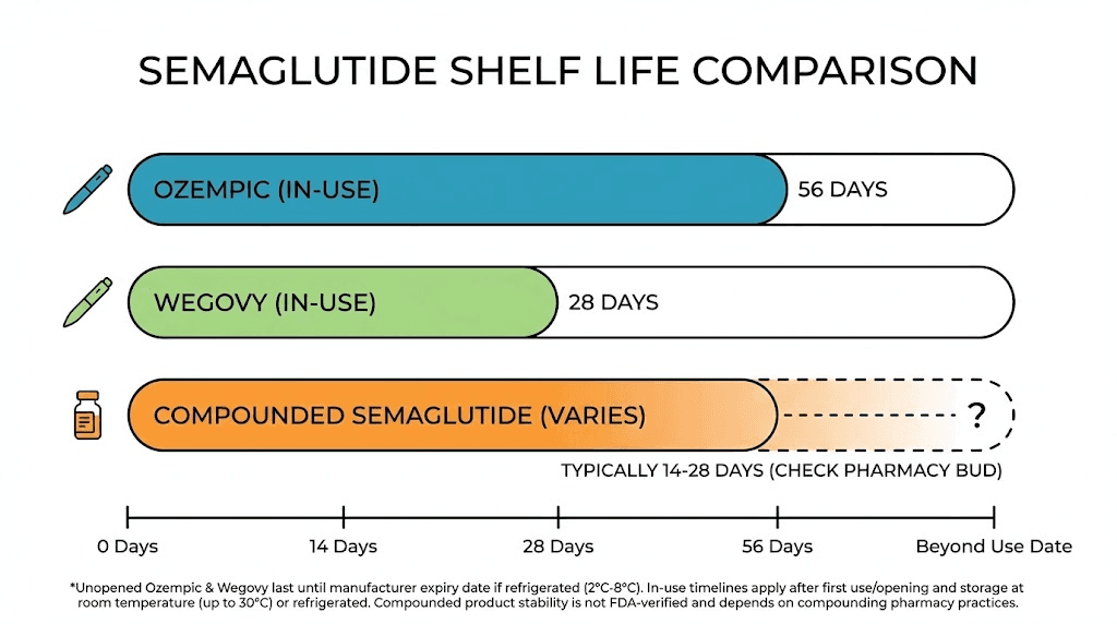 Semaglutide shelf life comparison chart for Ozempic Wegovy and compounded forms