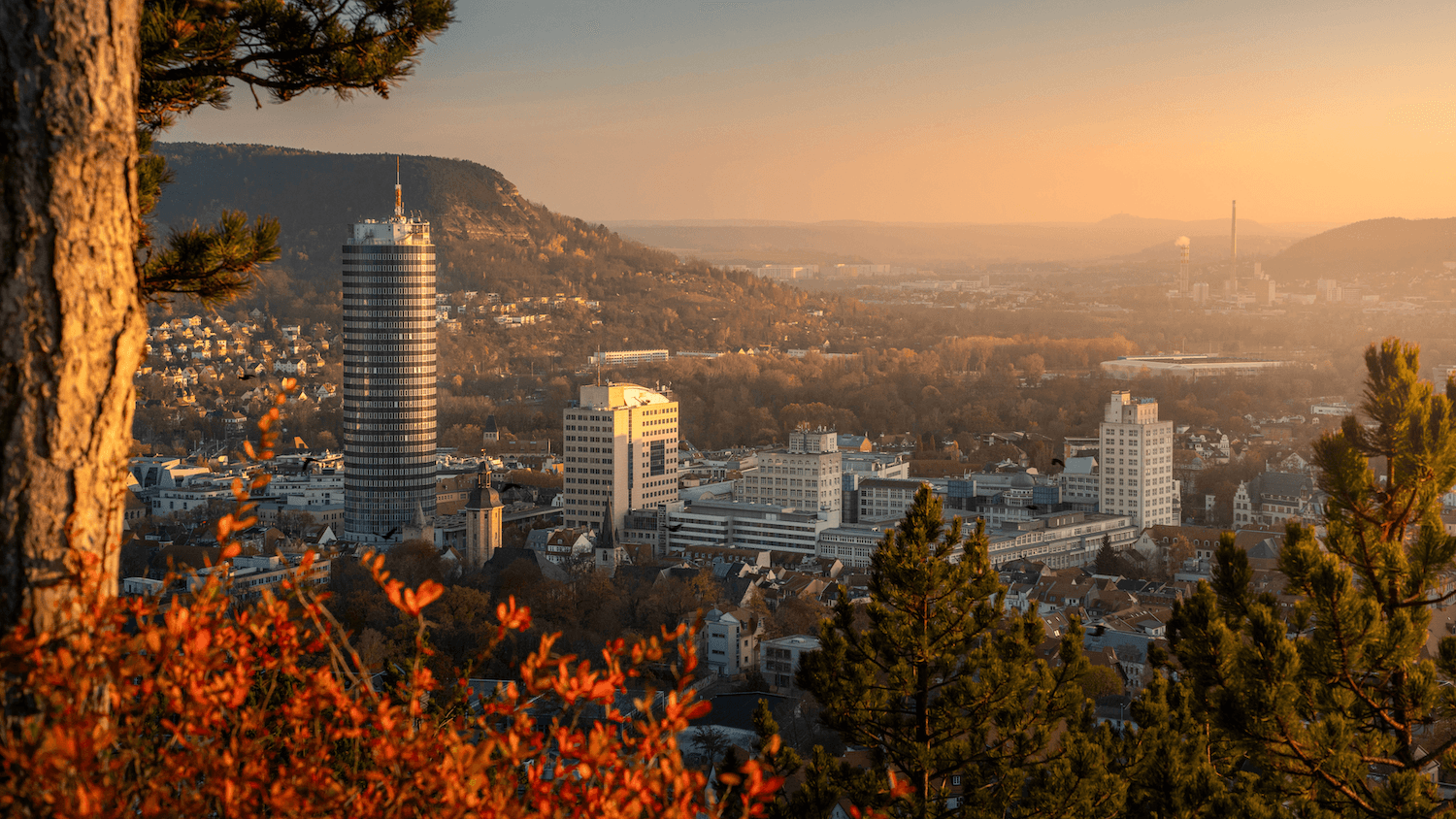 Blick auf die Stadt Jena mit dem markanten JenTower und herbstlich gefärbtem Laub im Vordergrund