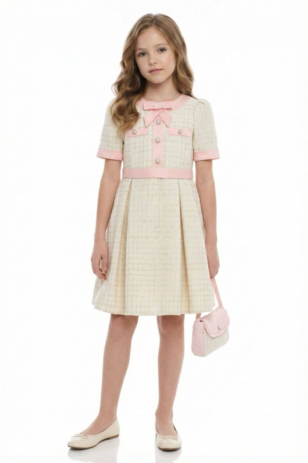 Young girl wearing a dress with a pink belt and a matching bag on a white background