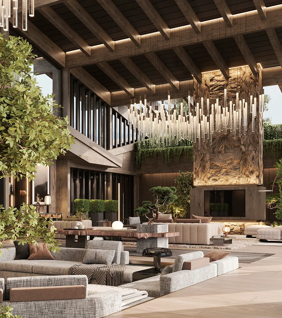 Peakside Chalets Cyprus dining area with sculptural chandelier, timber ceiling beams, and panoramic mountain views