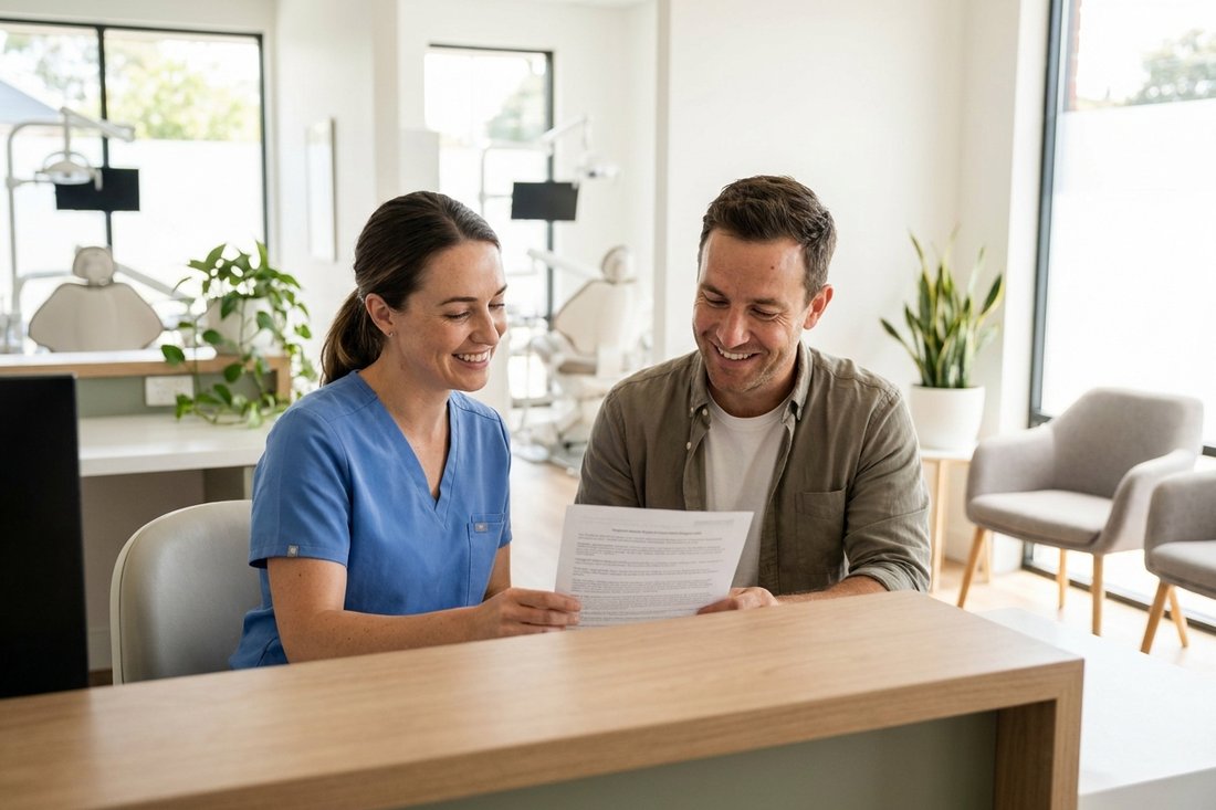 Dentist reviewing a clear treatment estimate with a patient at a consultation desk