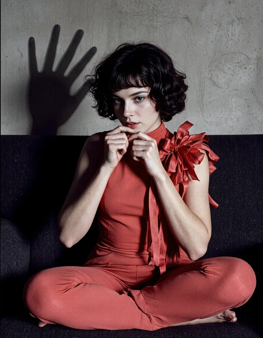 Artistic fashion photograph featuring a person in a vibrant red outfit with decorative bow, sitting against a dark background with shadow hand.