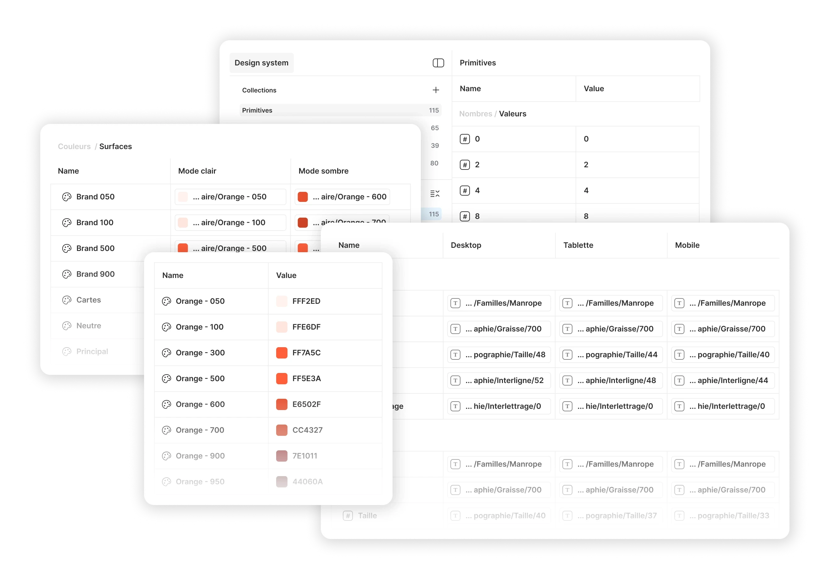 Extrait des variables et tokens du design système.