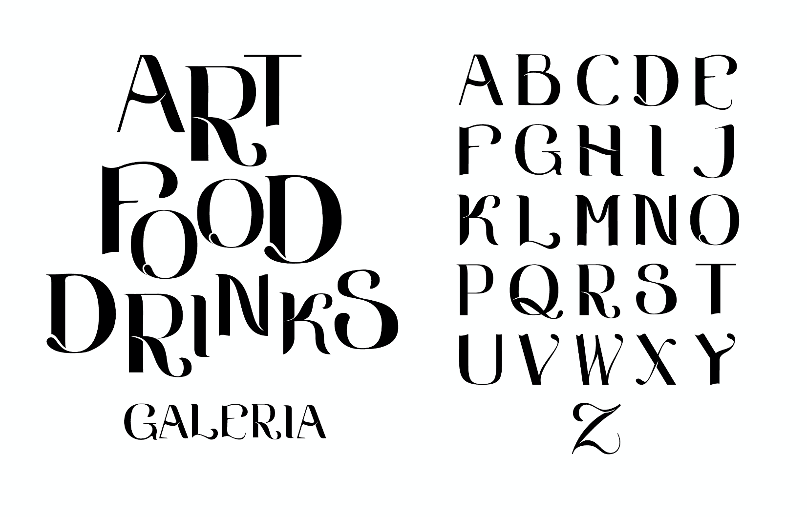 Calligraphy font name Galeria used for art food drinks.