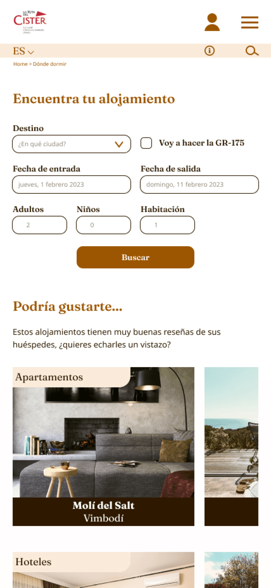 Rediseño de la página de búsqueda de alojamiento con filtros ampliados en La Ruta del Císter