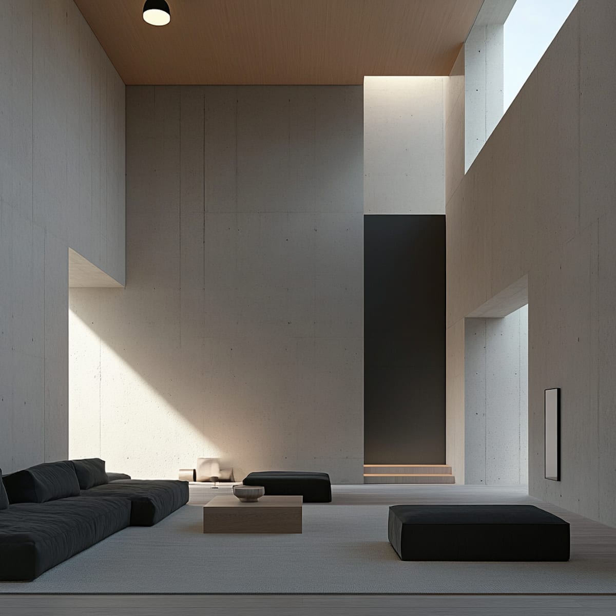 A cavernous, brutalist-style living room with high concrete walls and a light wood ceiling. The minimalist space features a low-profile black sectional sofa and matching ottomans arranged on a large grey rug around a square wooden coffee table. Dramatic shafts of natural light pour in from architectural openings and high-set windows, highlighting the clean lines and varying textures of the monochromatic interior.