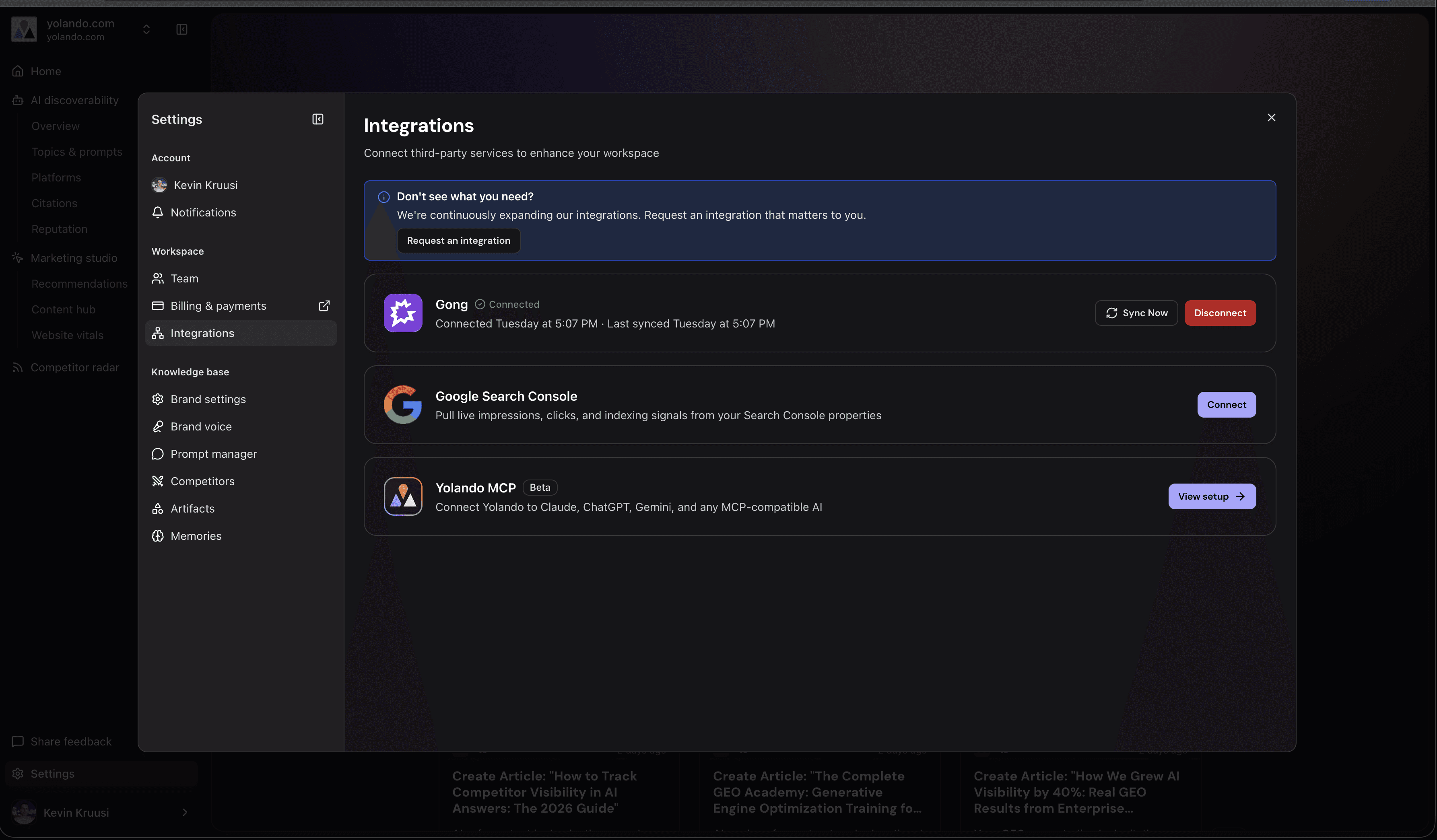 Yolando workspace Settings → Integrations panel showing Yolando MCP with the View setup button