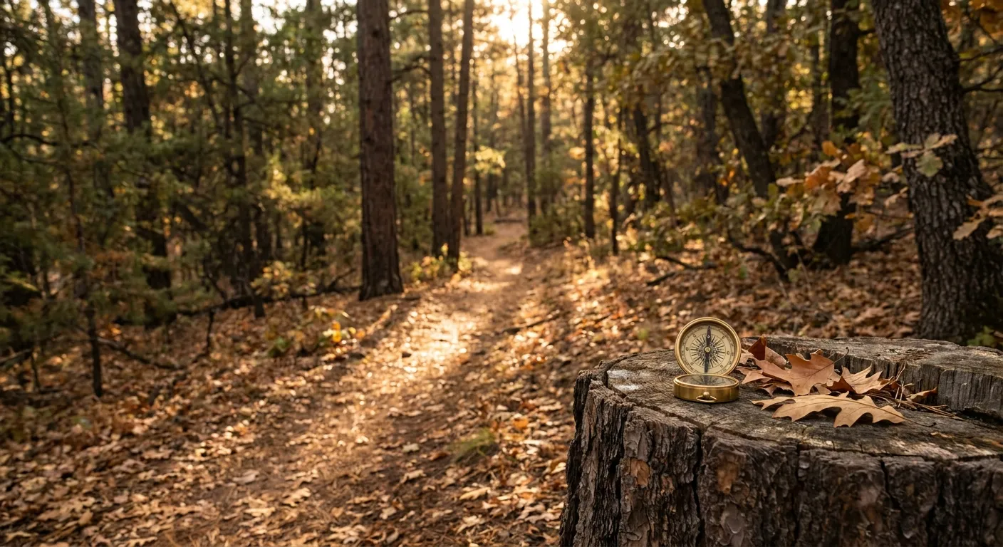 Compass on tree stump in forest path; RockN' Socials Digital Marketing Agency.