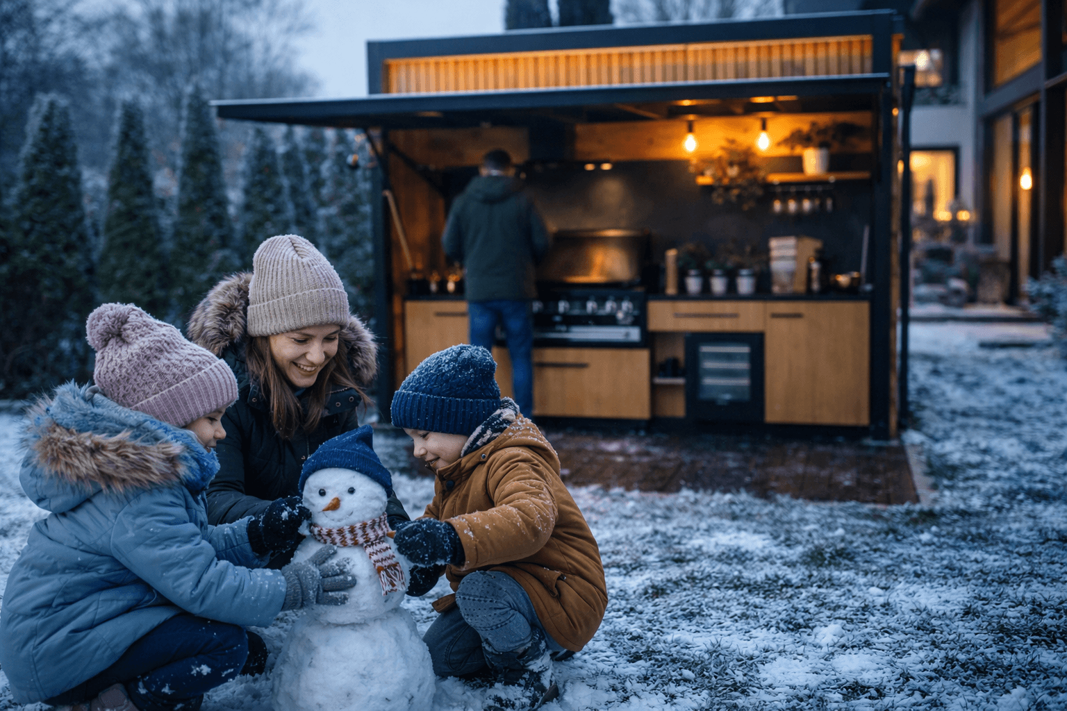 kuchnia ogrodowa Outdoor Kitchen Box zimą, podświetlona konstrukcja w ogrodzie 