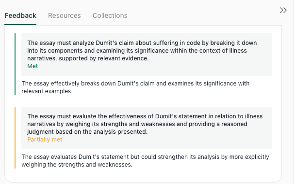 Screenshot of thesify feedback on an academic writing draft showing one criterion marked Met for explaining Dumit’s claim and another marked Partially Met for weak weighing of strengths and weaknesses.
