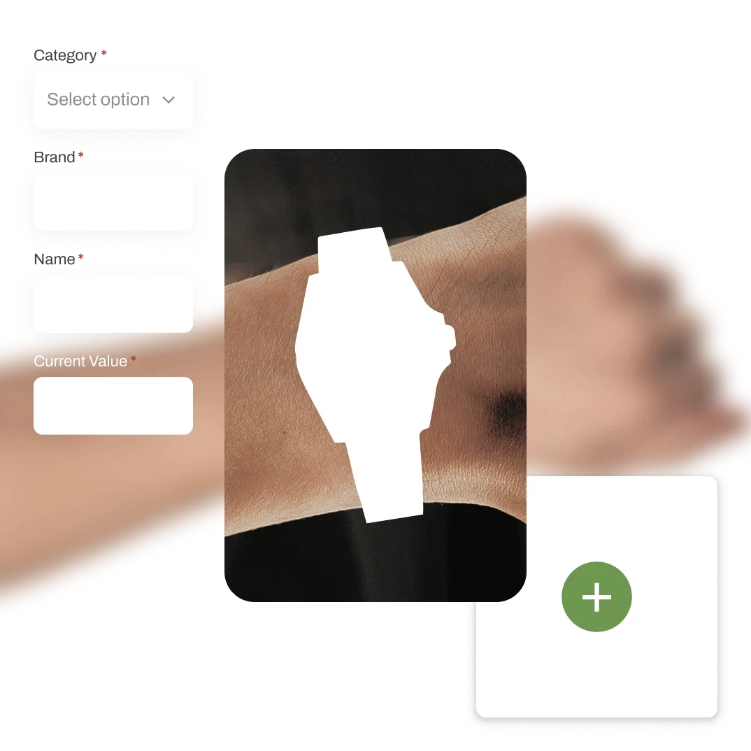 A graphic representation of a person taking a photo of a watch and filling out several form fields