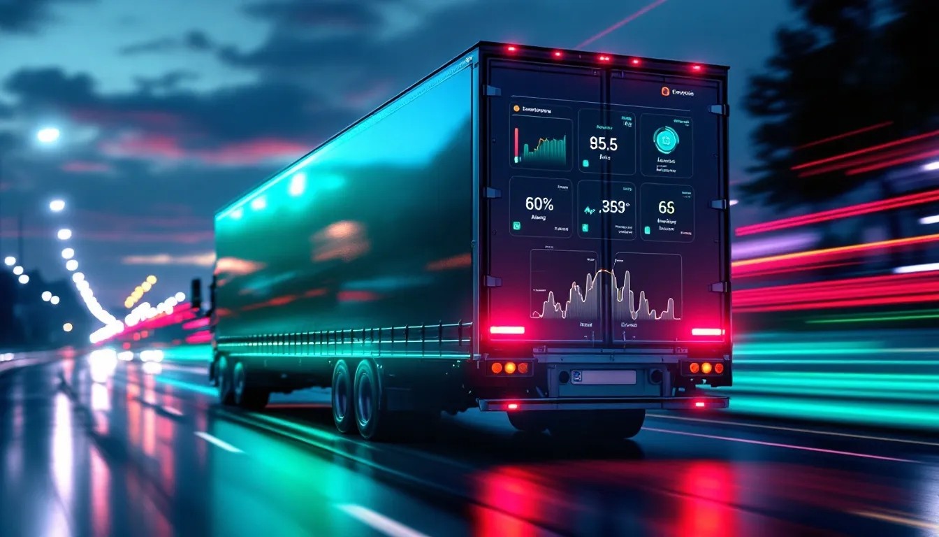 Camión de carga en carretera con un icono rojo flotante que indica alerta de interferencia GPS (Jammer), mostrando protección en tiempo real y señalización de seguridad tecnológica.