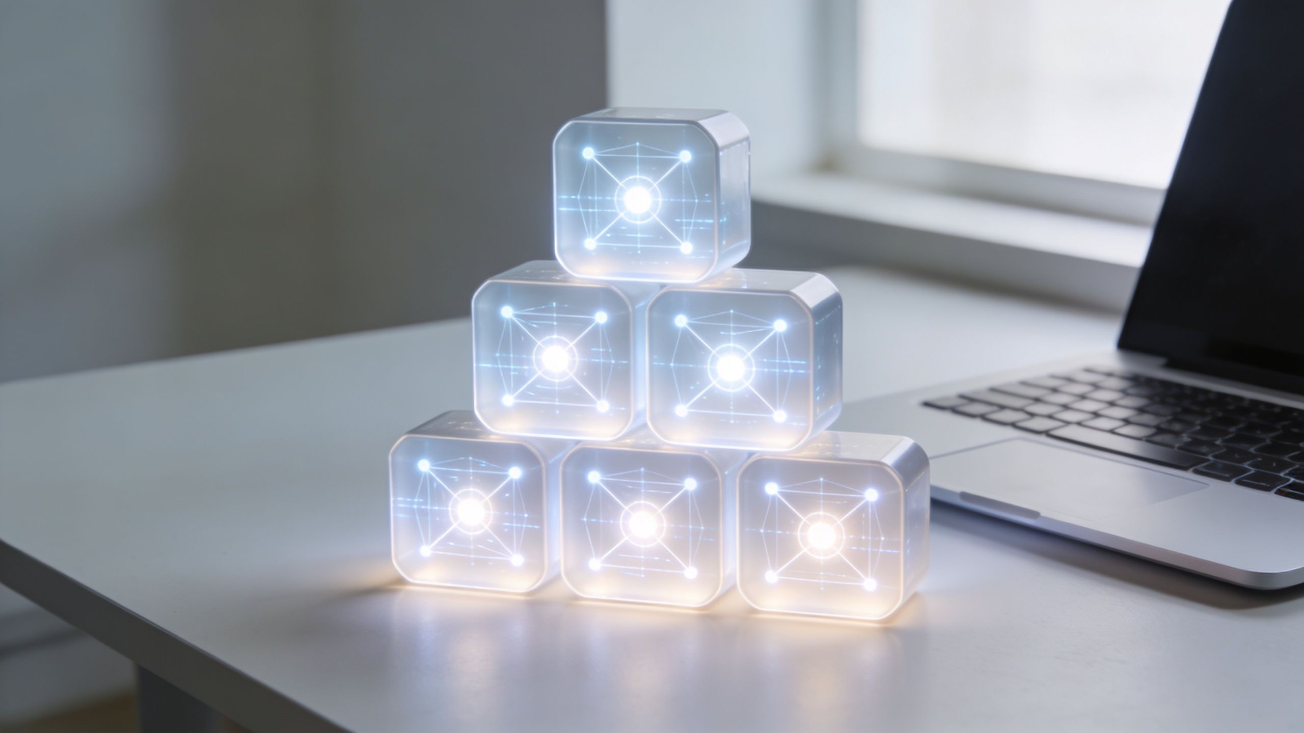 Six glowing, futuristic cubes arranged in a pyramid formation on a clean white office desk.