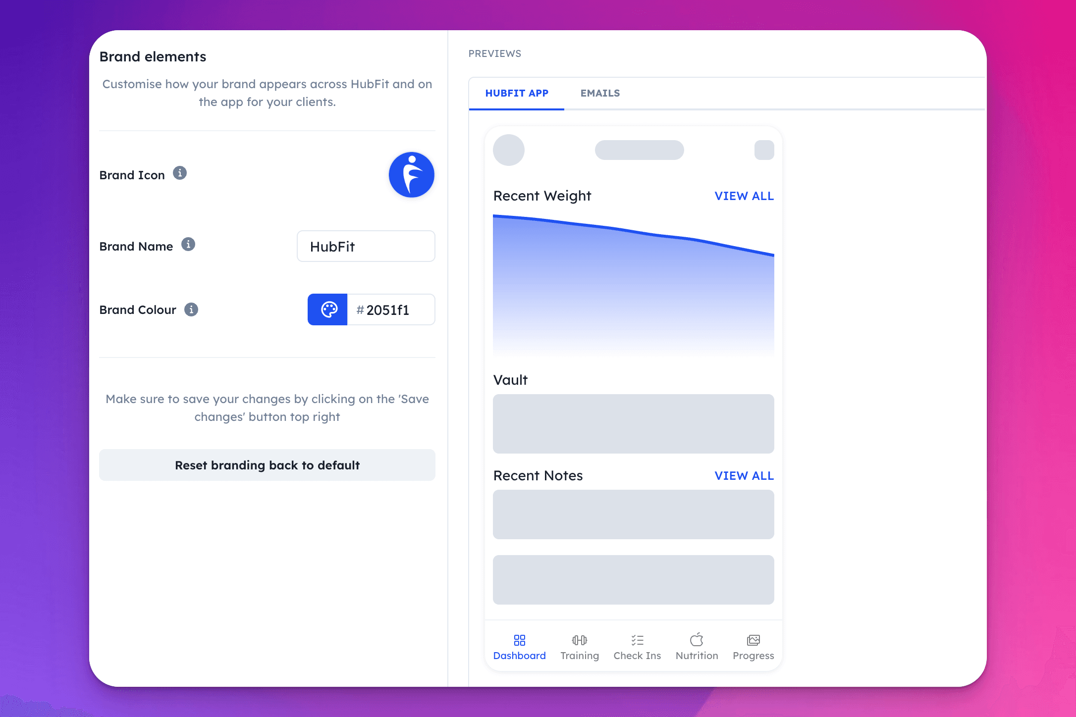 HubFit Branding settings