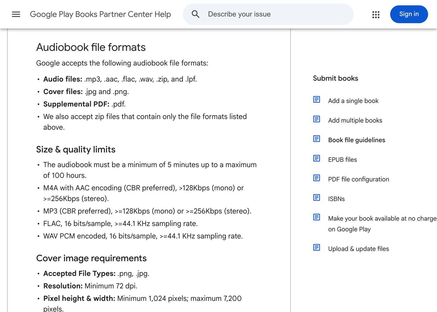 Google’s help page listing audiobook file formats, size limits and cover requirements