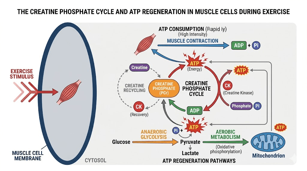 How creatine works in muscle cells ATP regeneration diagram