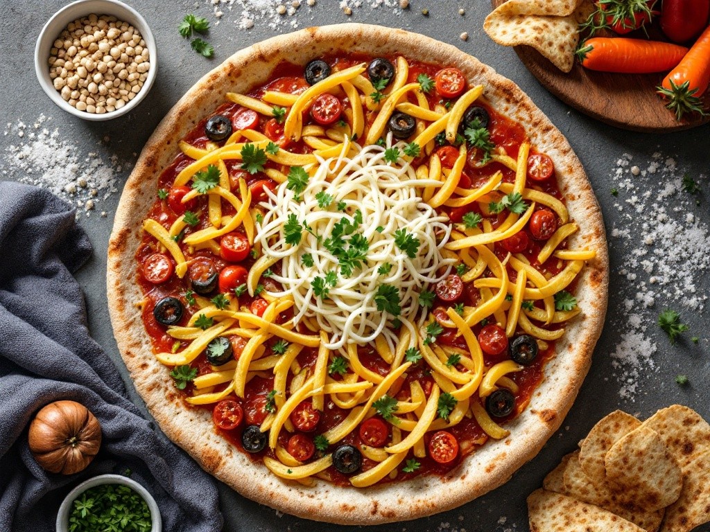 A pizza with yellow beans, mozzarella, and cherry tomatoes.