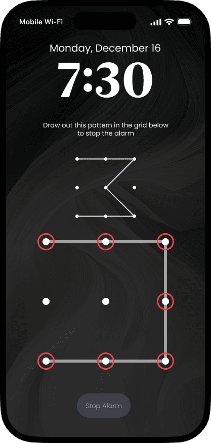 Correct pattern matching on a 3x3 grid showing red circles to signify an incorrect pattern match