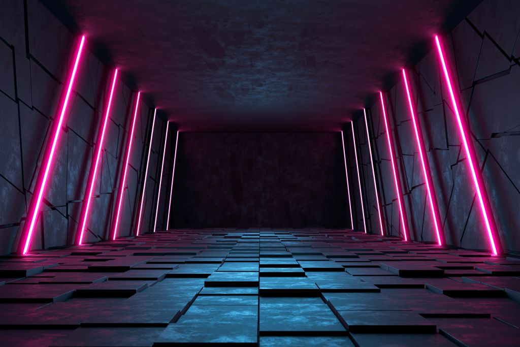 Illustrated scene of a dark, stone corridor lit with thin neon lights.