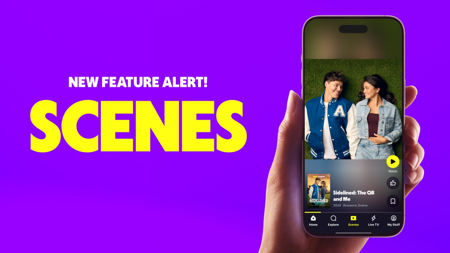 Hand holding a smartphone displaying Tubi's new 'Scenes' feature with short-form video clips, highlighted against a vibrant purple background.