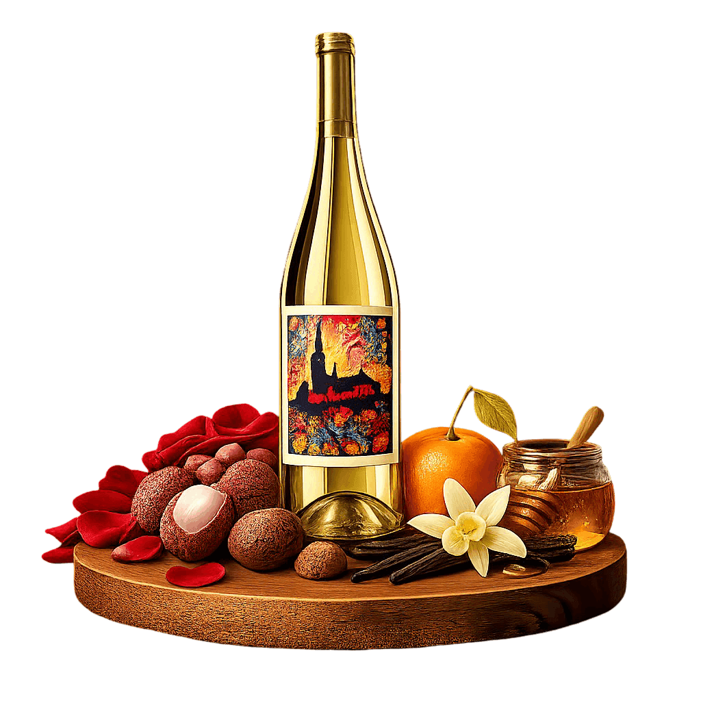 Artistic label and flavor profile for Czech Pálava on a rustic wooden table.