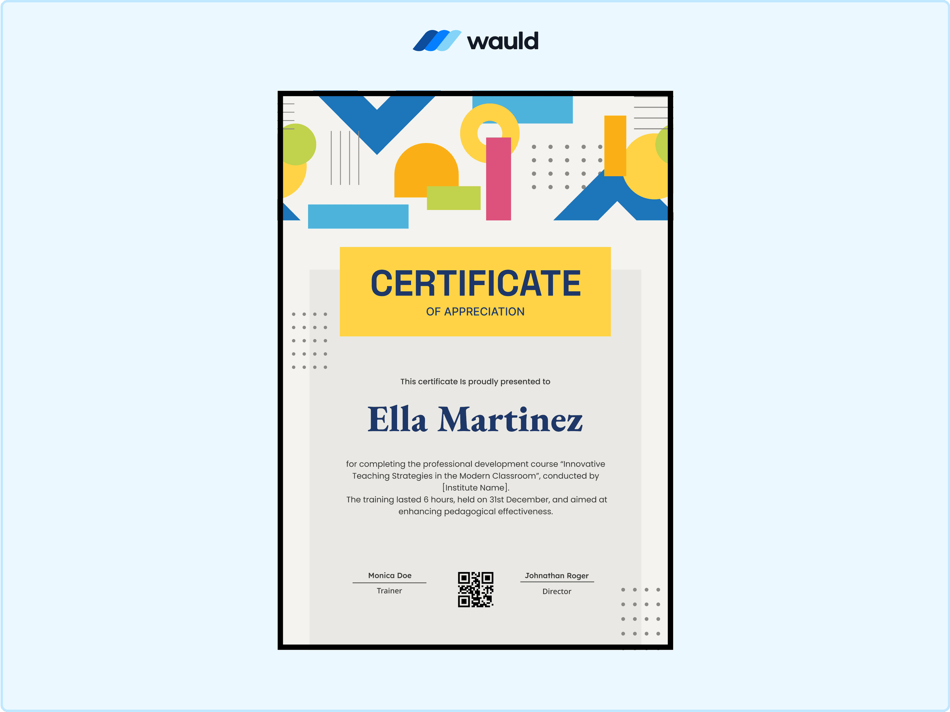 Wauld - Modern portrait certificate template