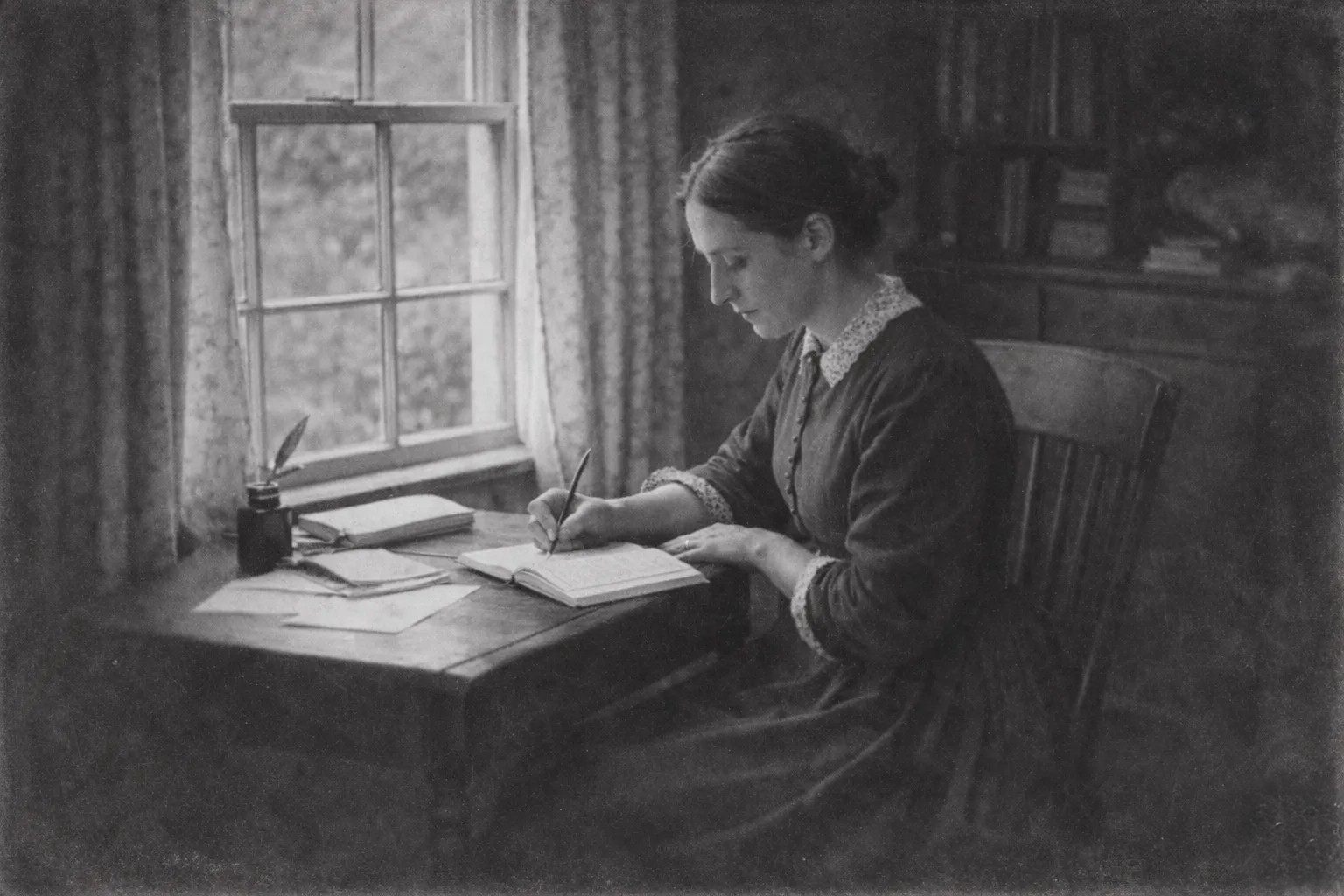 19th century woman reading a book on the doorsteps of home, with two kids on her side.